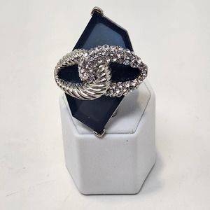 Crystal Pave Blue Faux Stone Cocktail Statement Stretch Ring Silver Tone Chunky